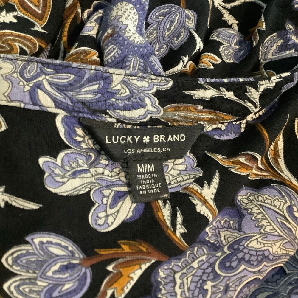 Lucky Brand Black Blue Tan Floral Print 3/4 Sleeve Boho Blouse Top Medium - Picture 6 of 7